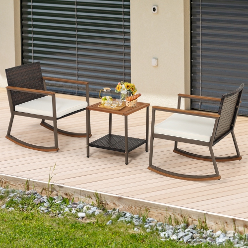 Costway 3PCS Patio Rattan Rocking Chair Bistro Set Armrest Cushion Table with Storage Shelf