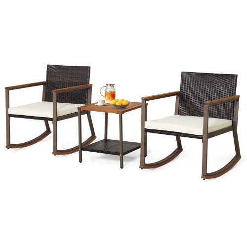 Costway 3PCS Patio Rattan Rocking Chair Bistro Set Armrest Cushion Table with Storage Shelf