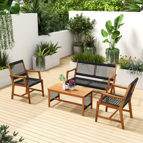 Costway Patio 4pcs Acacia Wood Conversation Table & Chair Set Hand-Woven Rope Outdoor