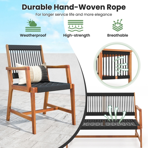 Costway Patio 4pcs Acacia Wood Conversation Table & Chair Set Hand-Woven Rope Outdoor
