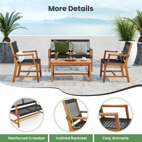 Costway Patio 4pcs Acacia Wood Conversation Table & Chair Set Hand-Woven Rope Outdoor