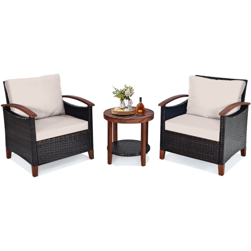 Costway 3PCS Patio Wicker Sofa Set Acacia Wood Frame with Beige &Turquoise Cushion Covers