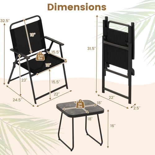Costway 3pcs Patio Folding Conversation Chairs&Table Heavy-Duty Metal Outdoor Portable