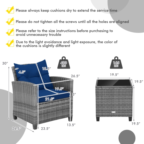 Costway 3PCS Patio Rattan Furniture Bistro Set Cushioned Sofas Side Table Armrest