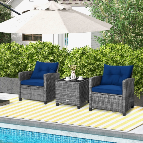 Costway 3PCS Patio Rattan Furniture Bistro Set Cushioned Sofas Side Table Armrest