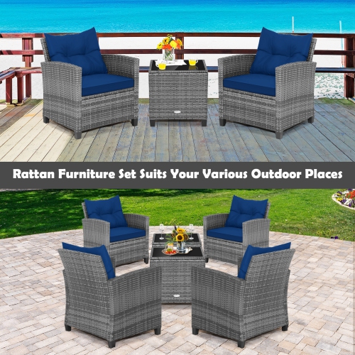 Costway 3PCS Patio Rattan Furniture Bistro Set Cushioned Sofas Side Table Armrest