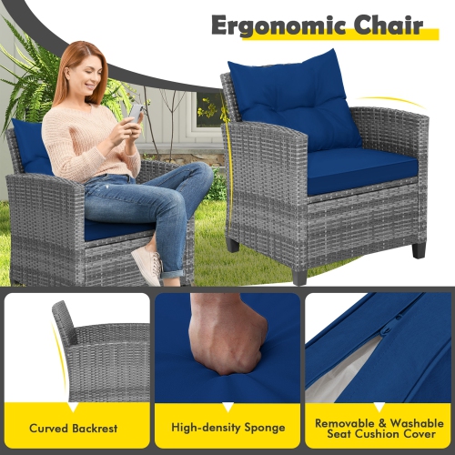 Costway 3PCS Patio Rattan Furniture Bistro Set Cushioned Sofas Side Table Armrest