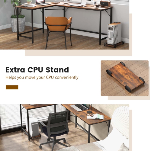 Costway L-shaped Gaming Desk Computer Desk with CPU Stand Power Outlets Rustic Brown/Black