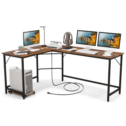 Costway L-shaped Gaming Desk Computer Desk with CPU Stand Power Outlets Rustic Brown/Black