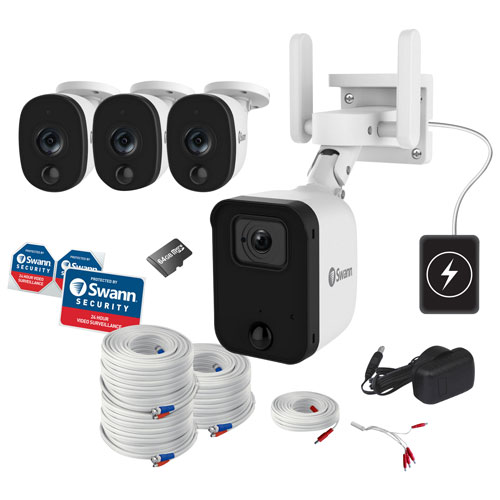 Système de surveillance sans fil avec enregistreur vidéo en réseau 64 Go 4 canaux avec 4 caméras compactes HD intégrale Fourtify de Swann - Blanc