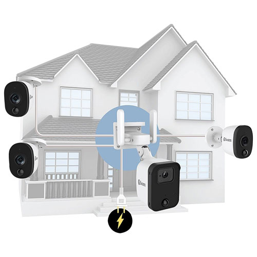 Système de surveillance sans fil avec enregistreur vidéo en réseau 64 Go 4 canaux avec 4 caméras compactes HD intégrale Fourtify de Swann - Blanc