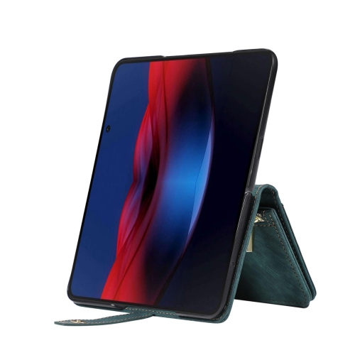 Wallet Case for Google Pixel Fold, 9 Card Slots Retro Leather Wallet Shockproof Flip Cover with Hand Strap Card Slots Zipper Pocket Kickstand Handbag