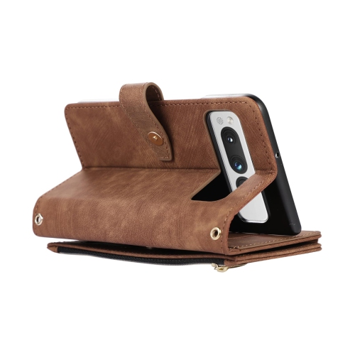 Wallet Case for Google Pixel Fold, 9 Card Slots Retro Leather Wallet Shockproof Flip Cover with Hand Strap Card Slots Zipper Pocket Kickstand Handbag