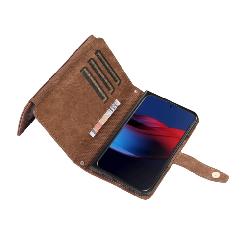 Wallet Case for Google Pixel Fold, 9 Card Slots Retro Leather Wallet Shockproof Flip Cover with Hand Strap Card Slots Zipper Pocket Kickstand Handbag