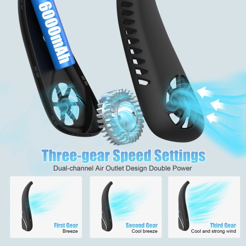 Bladeless Neck Fan - 6000mAh Portable Personal Fan, Hands-Free Battery Operated Fans USB Rechargeable