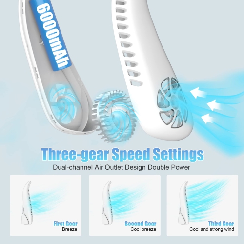 Bladeless Neck Fan - 6000mAh Portable Personal Fan, Hands-Free Battery Operated Fans USB Rechargeable