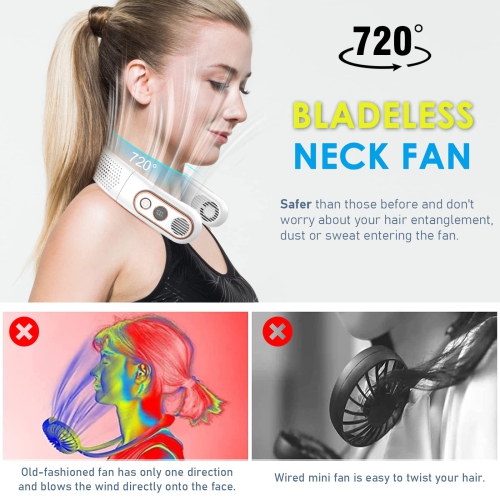 Portable Neck Fan, 4 Turbo 4000mAh Foldable 720°Cooling Powerful Airflow Hands-Free Bladeless Fan, USB Rechargeable with 3 Speeds Adjustment Low