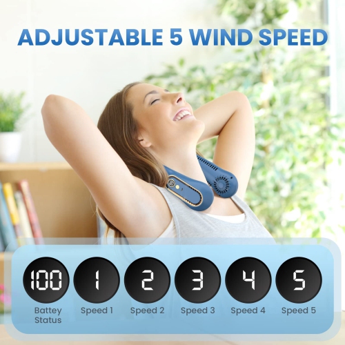 Portable Neck Fan, Neck Fan with LED Display 360°Cooling Airflow USB Rechargeable, Bladeless Neck Fan with 5 Speeds Adjustment Neck Fan Rechargeable