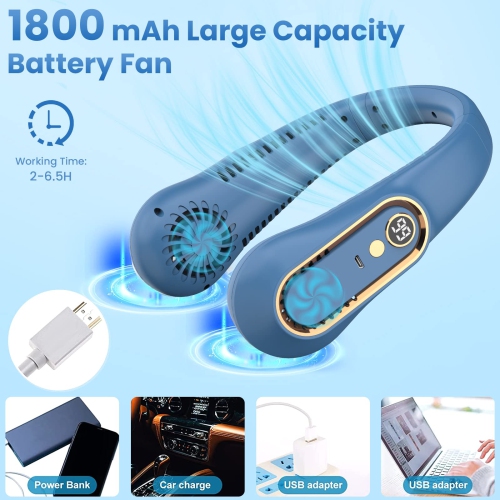 Portable Neck Fan, Neck Fan with LED Display 360°Cooling Airflow USB Rechargeable, Bladeless Neck Fan with 5 Speeds Adjustment Neck Fan Rechargeable