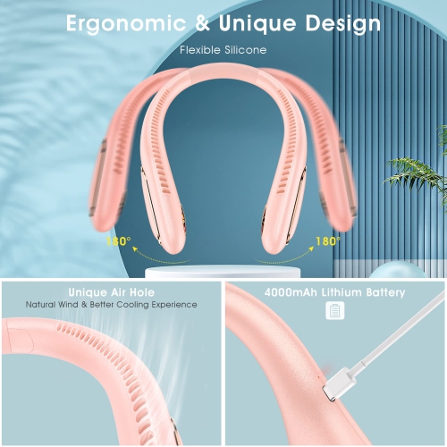 Portable Neck Fan, 4000mAh Rechargeable Wearable Personal Hands Free Fan, Bladeless Cooling Fan with Neck Adjustable Design, 3 Wind Speed for