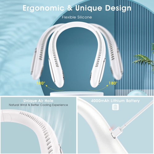 Portable Neck Fan, 4000mAh Rechargeable Wearable Personal Hands Free Fan, Bladeless Cooling Fan with Neck Adjustable Design, 3 Wind Speed for