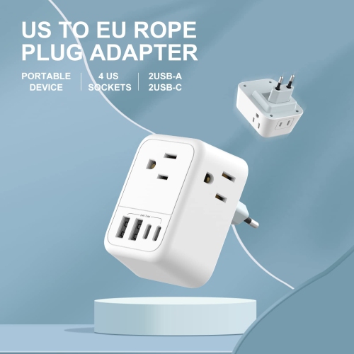 European Travel Plug Adapter, International Plug Adapter with 4 AC Outlets 4 USB Ports(2 USB C), Travel Adapter Type C Travel Essentials for US to