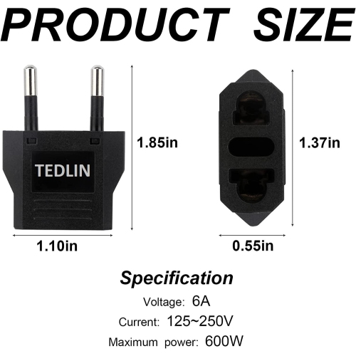 6 Pack of TEDLIN US/CA to European Plug Adapter Travel Power Plug Universal Power Jack Wall Plug Converter Input USA/Canada to Europe/Asia Socket