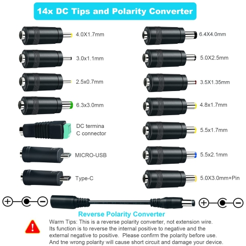 12V 5A Power Supply AC/DC Adapter, AC 100-240V to DC 12V Power Adapter Converter Transformer with 14 DC Tips, US Plug Switching 12 Volt 5 Amp 60W