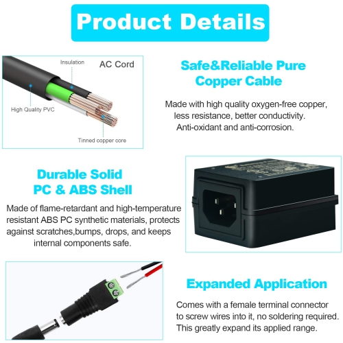 12V 5A Power Supply AC/DC Adapter, AC 100-240V to DC 12V Power Adapter Converter Transformer with 14 DC Tips, US Plug Switching 12 Volt 5 Amp 60W