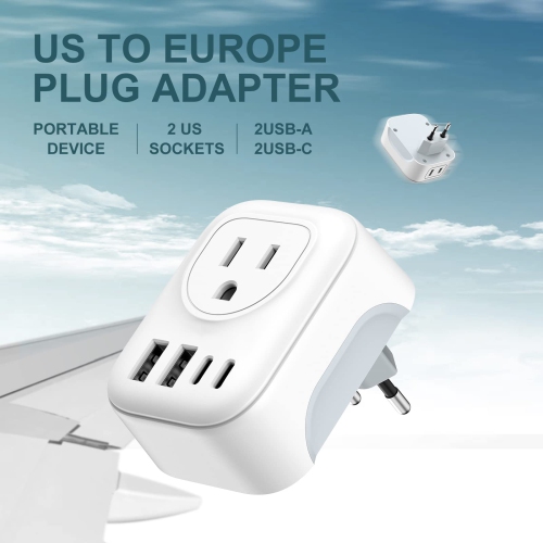 International Travel Plug Power Adapter, 6-in-1 with 2 American Outlets, 2 USB-C & 2 USB-A Ports, Type C Charger for The US to Europe Iceland Spain