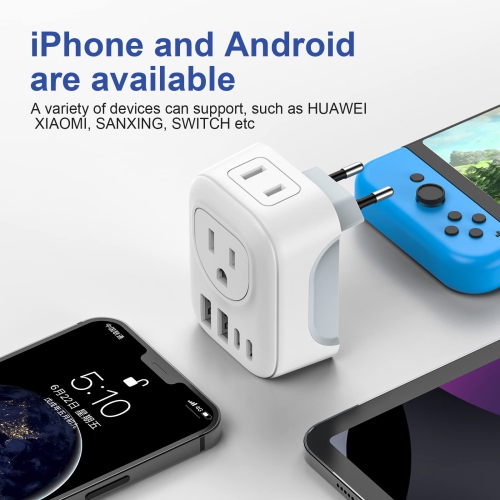 International Travel Plug Power Adapter, 6-in-1 with 2 American Outlets, 2 USB-C & 2 USB-A Ports, Type C Charger for The US to Europe Iceland Spain