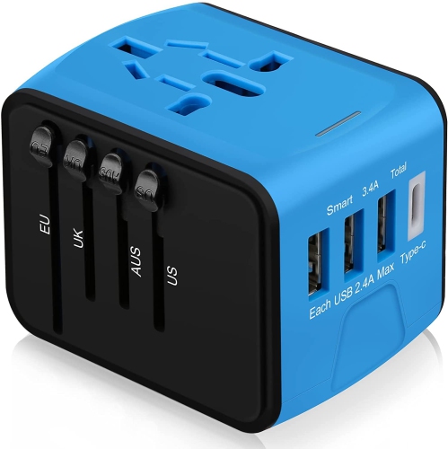 Universal International Travel Power Adapter, All in One Wall Charger with High Speed 2.4A 3xUSB, 3.0A Type-C, European Adapter, Worldwide AC Outlet