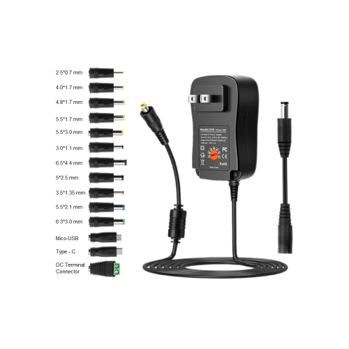 30W Universal AC DC Adapter 3V 4.5V 5V 6V 7.5V 9V 12V Adjustable Power Supply with USB 5V/2.1A, 15 Straight Tips & Polarity Converter for LED Strip,