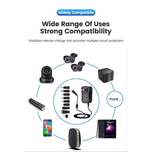 30W Universal AC DC Adapter 3V 4.5V 5V 6V 7.5V 9V 12V Adjustable Power Supply with USB 5V/2.1A, 15 Straight Tips & Polarity Converter for LED Strip,