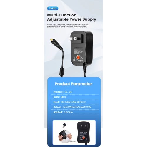 30W Universal AC DC Adapter 3V 4.5V 5V 6V 7.5V 9V 12V Adjustable Power Supply with USB 5V/2.1A, 15 Straight Tips & Polarity Converter for LED Strip,