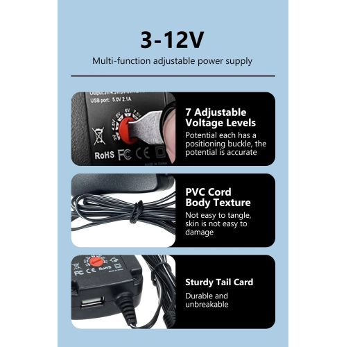 30W Universal AC DC Adapter 3V 4.5V 5V 6V 7.5V 9V 12V Adjustable Power Supply with USB 5V/2.1A, 15 Straight Tips & Polarity Converter for LED Strip,