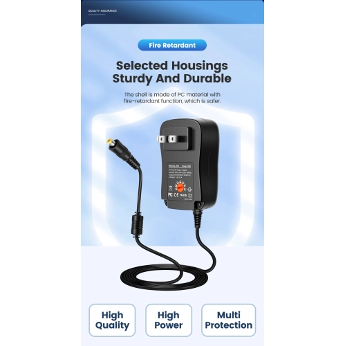 30W Universal AC DC Adapter 3V 4.5V 5V 6V 7.5V 9V 12V Adjustable Power Supply with USB 5V/2.1A, 15 Straight Tips & Polarity Converter for LED Strip,