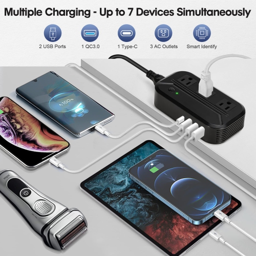 HLD Power Converter 2300W 4 USB, 3 AC Outlets International Step Down Voltage 220V/240V to 110V/120V with 7 Travel Plug Adapter for Phone, Tablet,