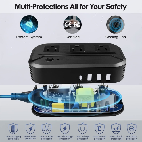 HLD Power Converter 2300W 4 USB, 3 AC Outlets International Step Down Voltage 220V/240V to 110V/120V with 7 Travel Plug Adapter for Phone, Tablet,