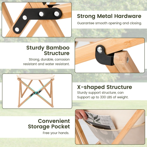 Costway Bamboo Butterfly Folding Chair Set of 2 with Storage Pocket 330 LBS Capacity