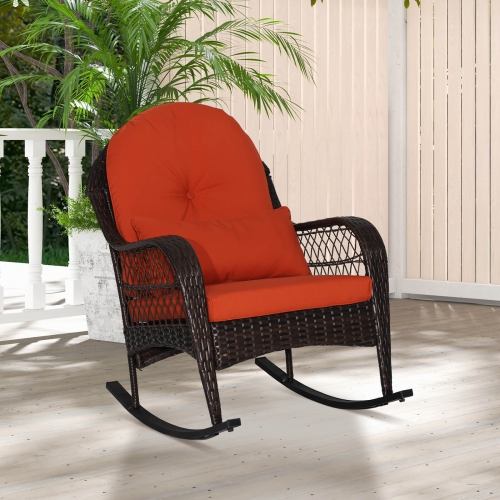 Costway Patio Wicker Rocking Chair W/Seat Back Cushions & Lumbar Pillow Porch Off