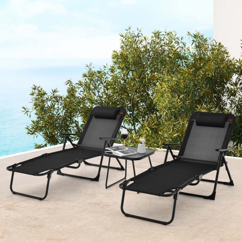 Costway 3pcs Patio Folding Chaise Lounge Chair PVC Tabletop Set Outdoor Portable Beach
