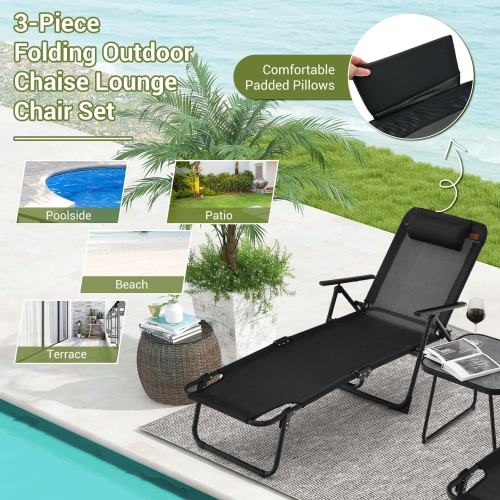 Costway 3pcs Patio Folding Chaise Lounge Chair PVC Tabletop Set Outdoor Portable Beach