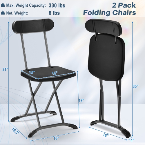 Costway 2-Pack Folding Chair with Metal Curved Feet Wide Seat & Ergonomic Backrest Black/White