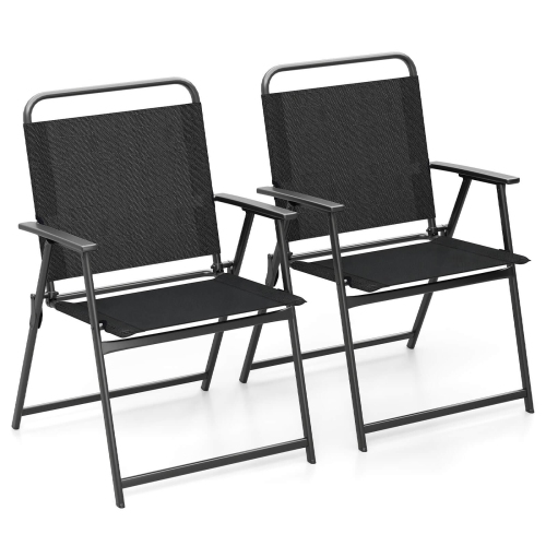 COSTWAY  Folding Patio Chairs Set Of 2 With Backrest And Armrests Camping Beach Chairs In Black