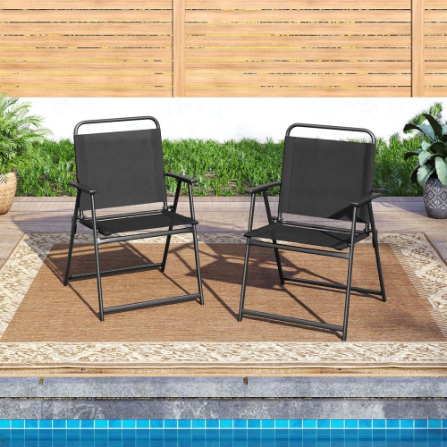 Costway Folding Patio Chairs Set of 2 with Backrest and Armrests Camping Beach Chairs Black
