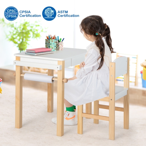 Costway Kids Table and Chair Set Wooden Activity Drawing Study Desk with Paper Roll Drawer
