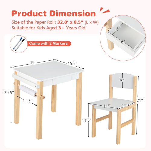 Costway Kids Table and Chair Set Wooden Activity Drawing Study Desk with Paper Roll Drawer