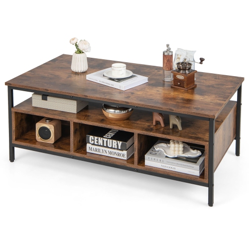 COSTWAY  Industrial Coffee Table Withopen Storage Metal Frame Center Table for Living Room