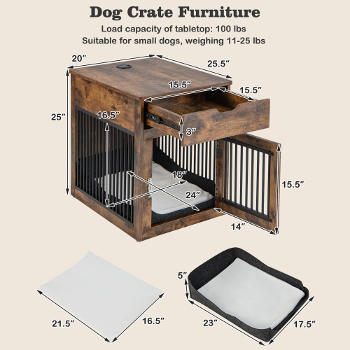 Costway 2-In-1 Furniture Dog Crate with Drawer Wired & Wireless Charging Side End Table